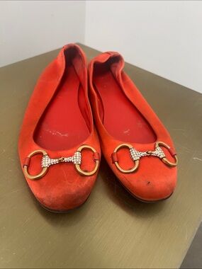 Gucci Red Satin Horsebit Flats with Crystal Accent